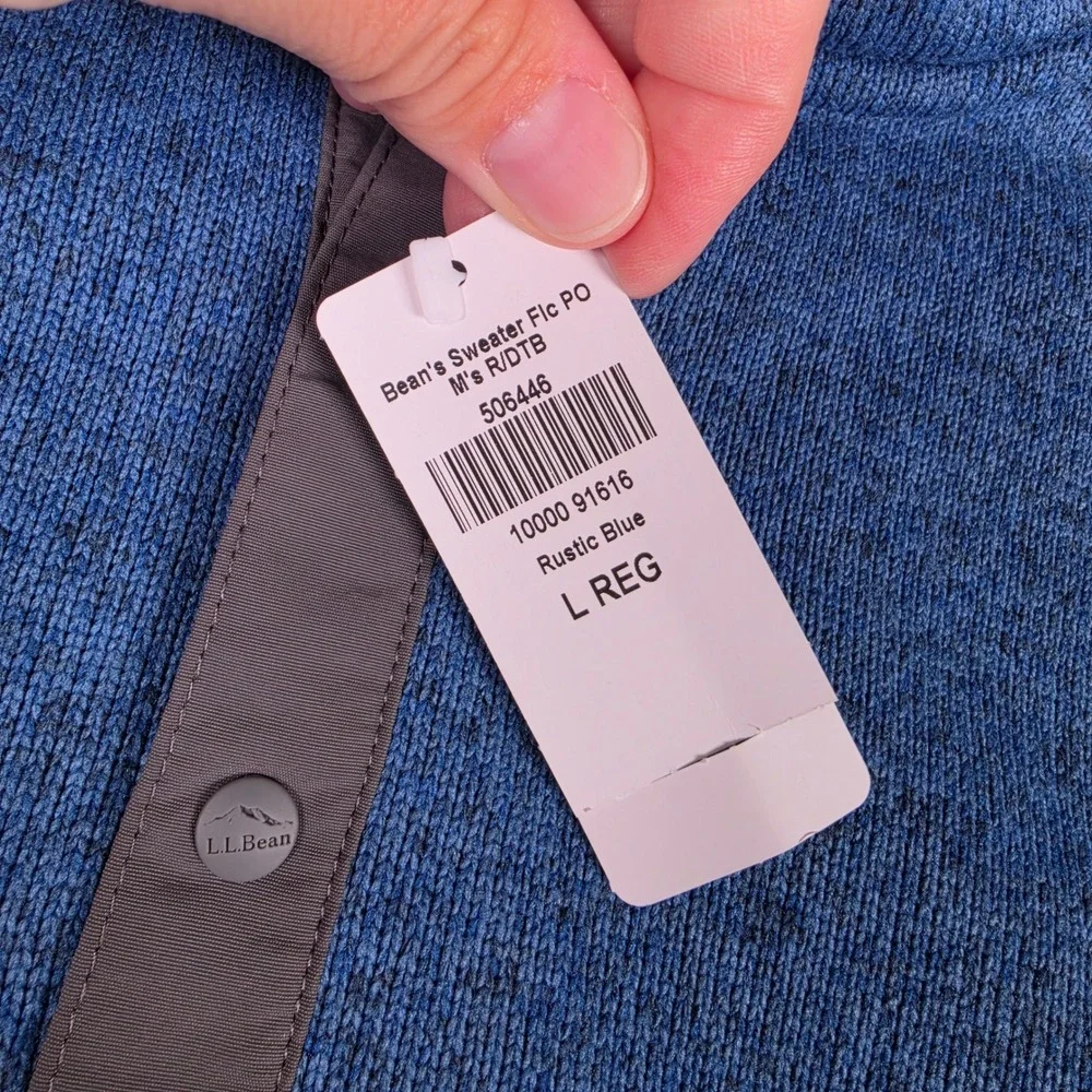 LL Bean Sweater Fleece Pullover Mens L Blue Duolingo Logo Snap Neck 506446 NWT